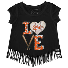Baltimore Orioles Tiny Turnip Girls Youth Baseball Love Fringe T-Shirt - Black T-shirts