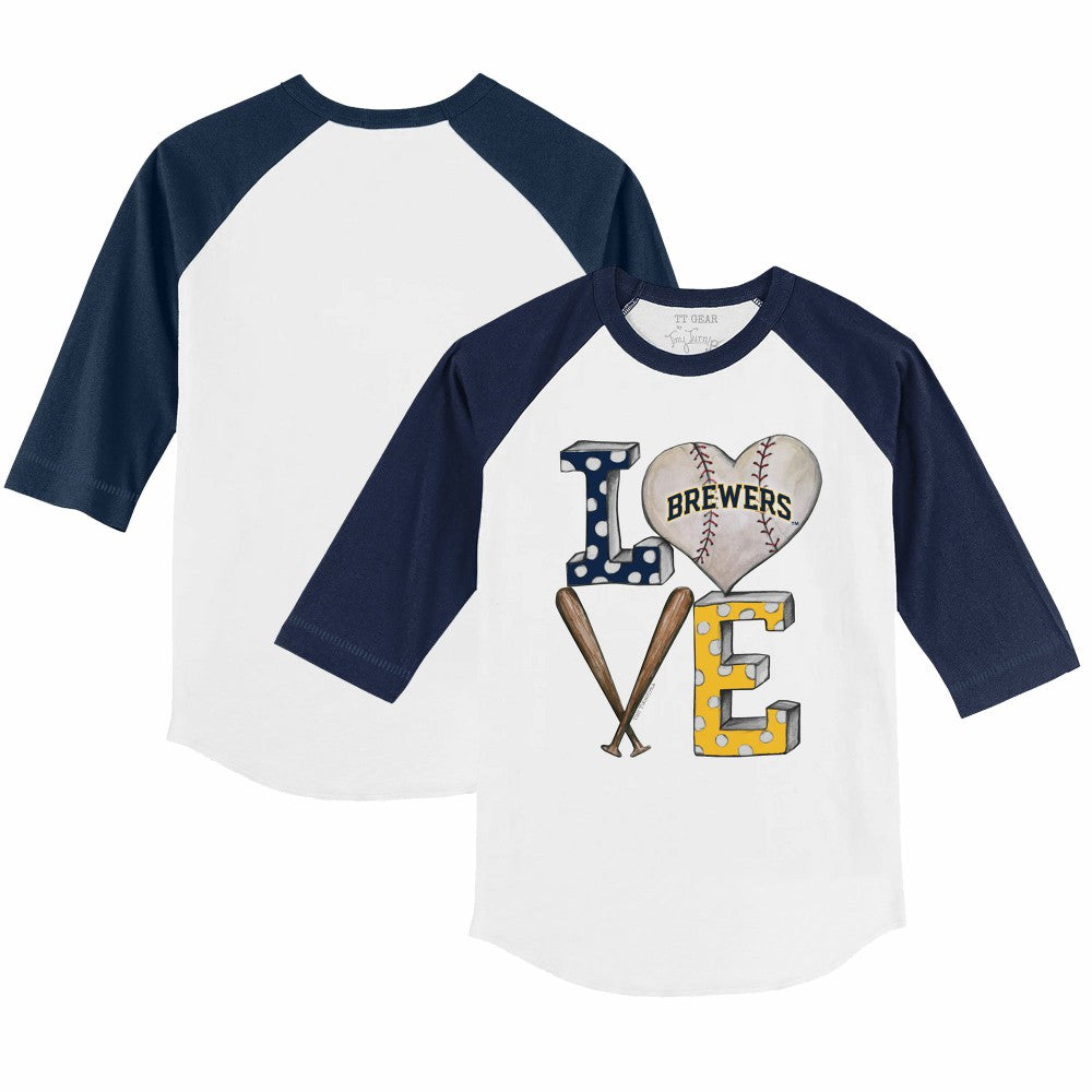 Milwaukee Brewers Tiny Turnip Youth Baseball Love 3/4-Sleeve Raglan T-Shirt - White/Navy T-shirts