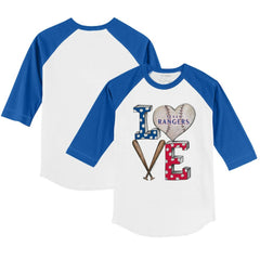Texas Rangers Tiny Turnip Youth Baseball Love 3/4-Sleeve Raglan T-Shirt - White/Royal T-shirts