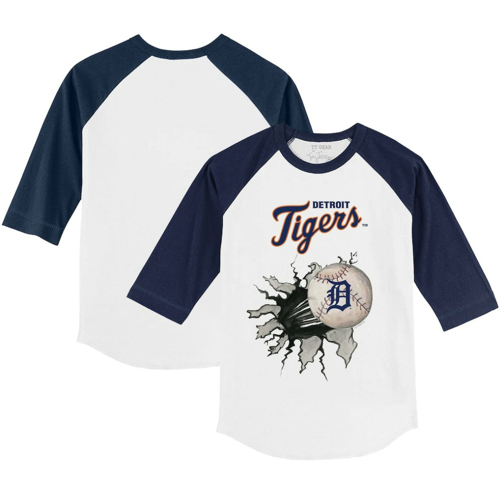 Detroit Tigers Tiny Turnip Youth Baseball Tear 3/4-Sleeve Raglan T-Shirt - White/Navy T-shirts
