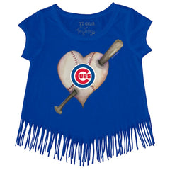 Chicago Cubs Tiny Turnip Girls Youth Heart Bat Fringe T-Shirt - Royal T-shirts
