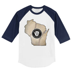 Milwaukee Brewers Tiny Turnip Youth State Outline 3/4-Sleeve Raglan T-Shirt - White/Navy T-shirts