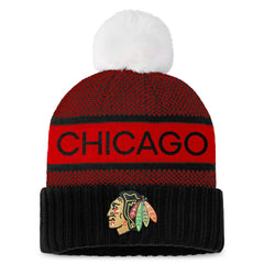 NHL Chicago Blackhawks Fanatics Women's Authentic Pro Rink Cuffed Knit Hat with Pom - Black/Red
