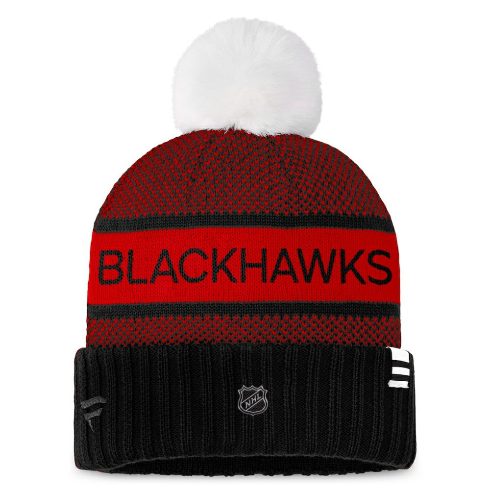 NHL Chicago Blackhawks Fanatics Women's Authentic Pro Rink Cuffed Knit Hat with Pom - Black/Red