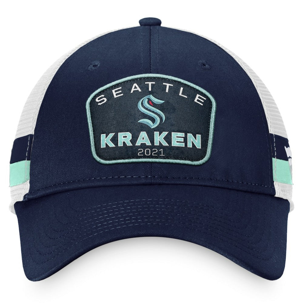 NHL Seattle Kraken Fanatics Fundamental Striped Trucker Adjustable Hat - Deep Sea Blue/White