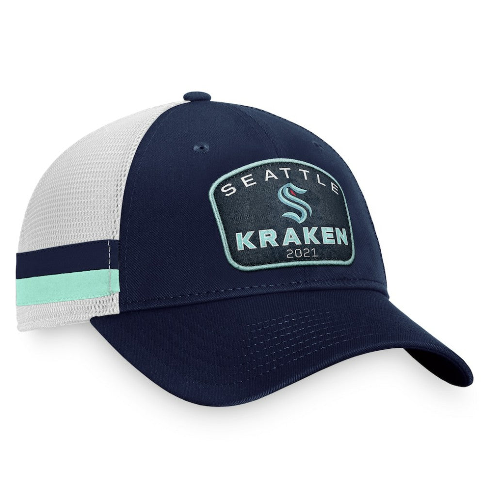 NHL Seattle Kraken Fanatics Fundamental Striped Trucker Adjustable Hat - Deep Sea Blue/White