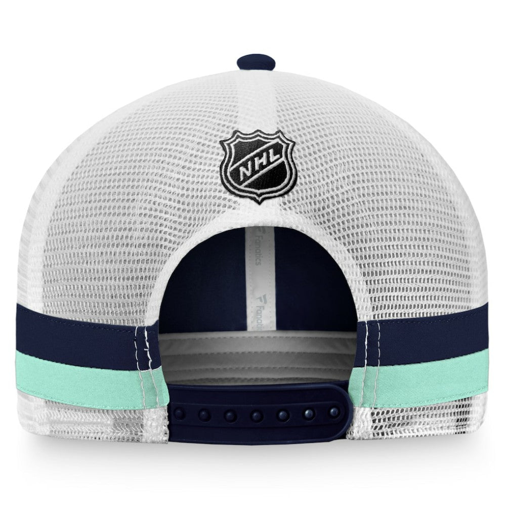 NHL Seattle Kraken Fanatics Fundamental Striped Trucker Adjustable Hat - Deep Sea Blue/White
