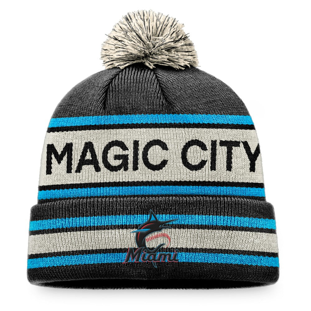 Miami Marlins Fanatics Hometown Slogan Cuffed Knit Hat with Pom - Black/Natural Hats