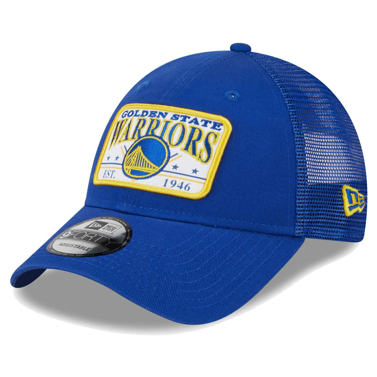 Golden State Warriors Plate Oversized Patch Trucker 9FORTY Adjustable Hat Royal
