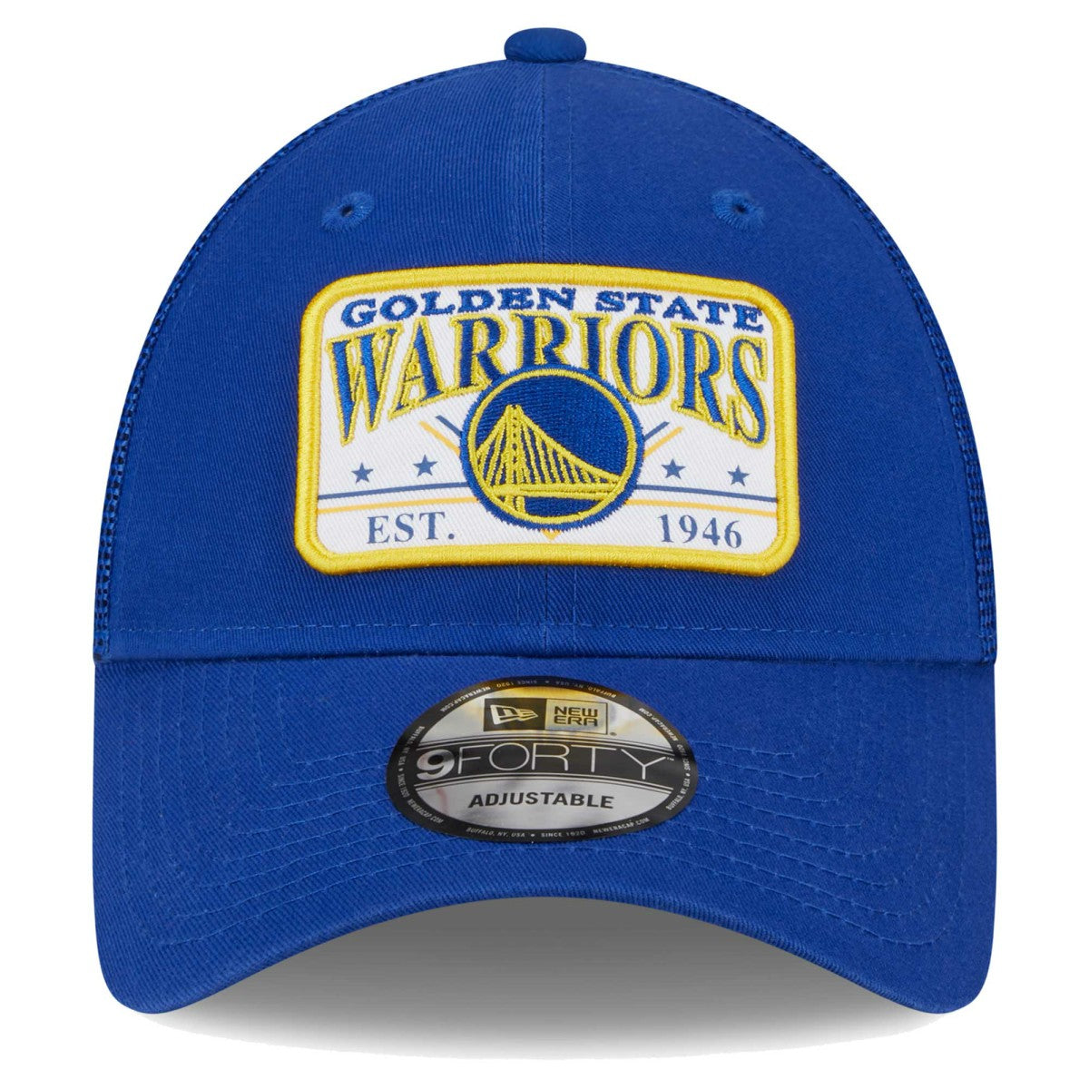 Golden State Warriors Plate Oversized Patch Trucker 9FORTY Adjustable Hat Royal