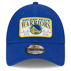 Golden State Warriors Plate Oversized Patch Trucker 9FORTY Adjustable Hat Royal