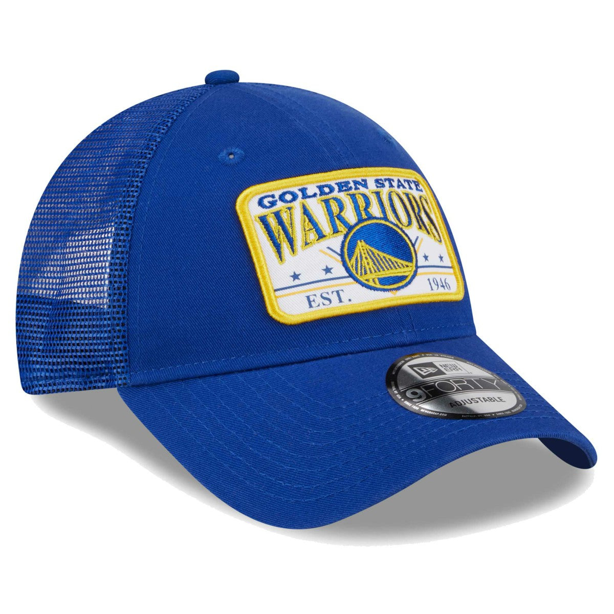 Golden State Warriors Plate Oversized Patch Trucker 9FORTY Adjustable Hat Royal