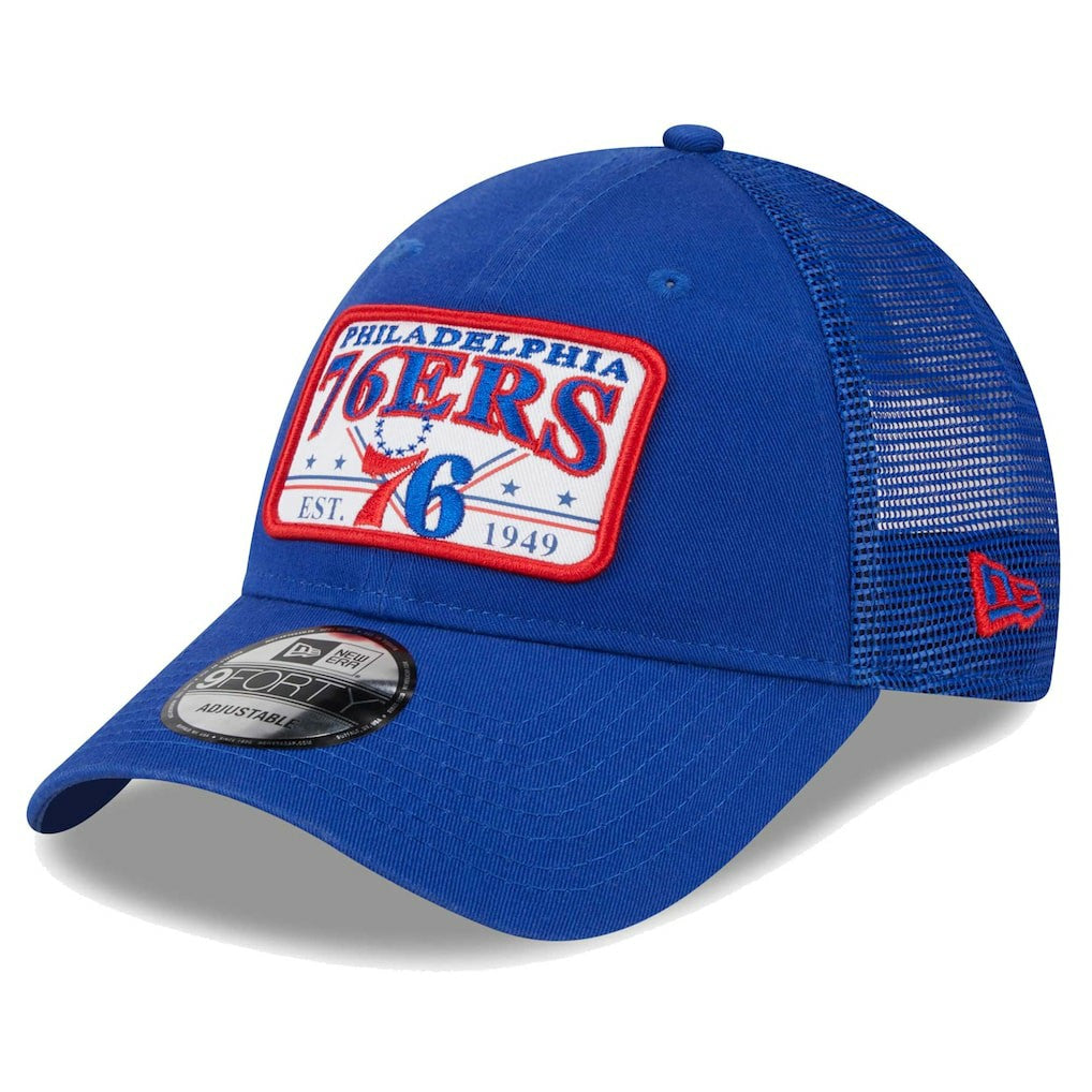 Philadelphia 76ers Plate Oversized Patch Trucker 9FORTY Adjustable Hat Royal
