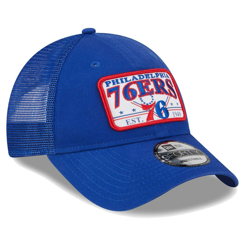 Philadelphia 76ers Plate Oversized Patch Trucker 9FORTY Adjustable Hat Royal