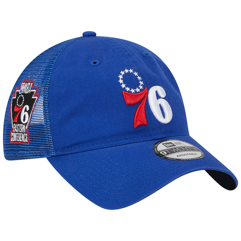 Philadelphia 76ers Distinct Side Patch Trucker 9TWENTY Adjustable Hat Royal