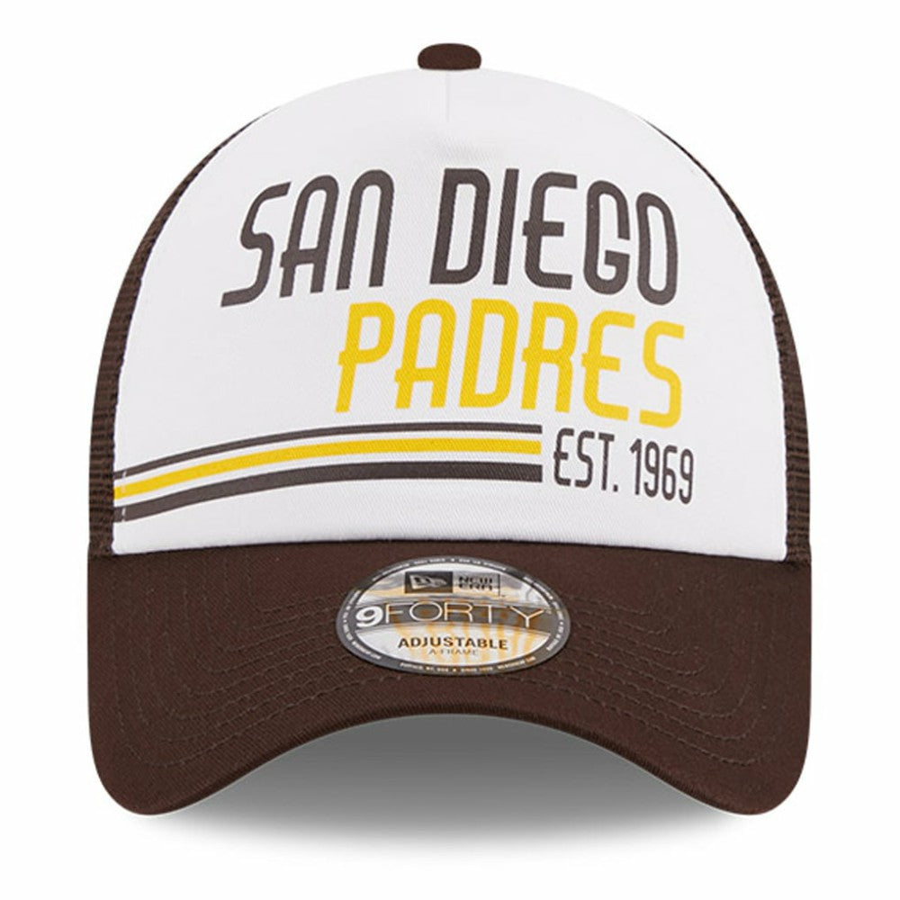 San Diego Padres New Era Stacked A-Frame Trucker 9FORTY Adjustable Hat - White/Brown Hats