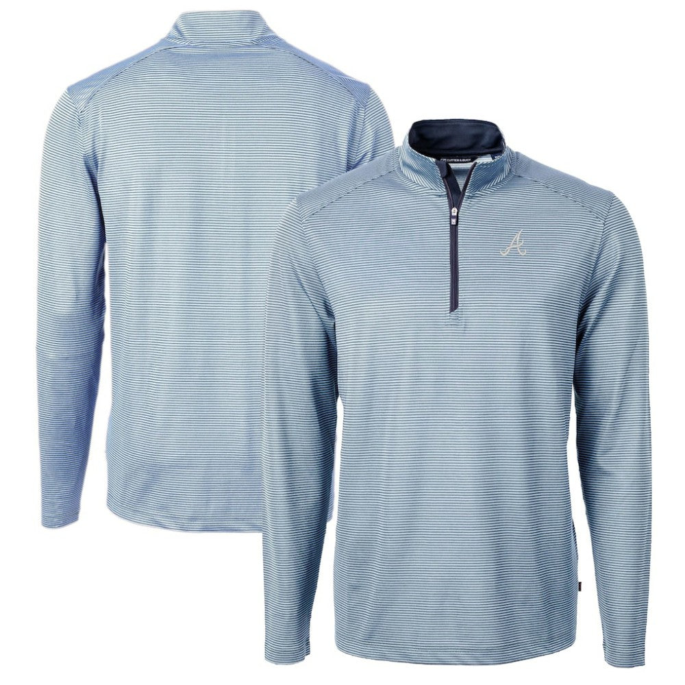 Atlanta Braves Cutter & Buck Virtue Eco Pique Micro Stripe Recycled Quarter-Zip Pullover Top - Light Blue/Navy Pullover