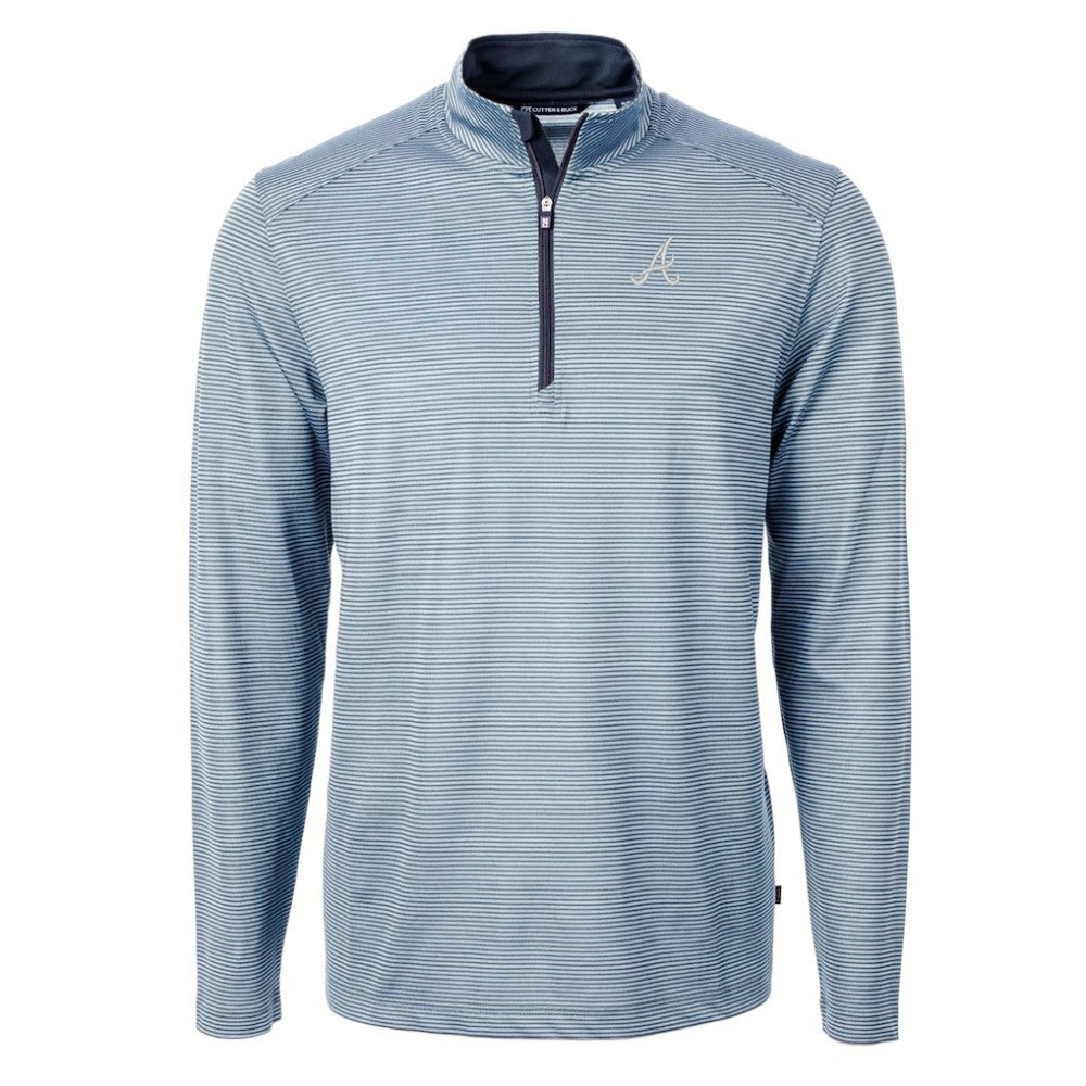 Atlanta Braves Cutter & Buck Virtue Eco Pique Micro Stripe Recycled Quarter-Zip Pullover Top - Light Blue/Navy Pullover