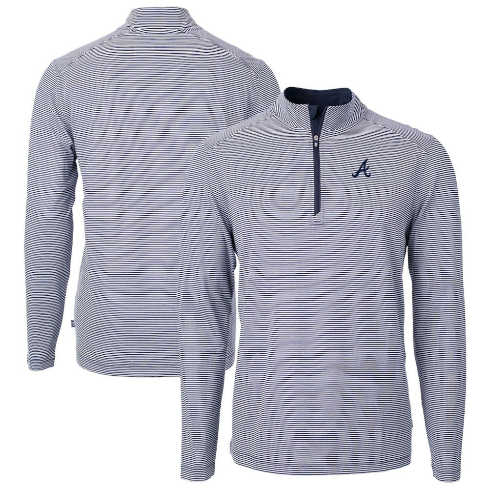 Atlanta Braves Cutter & Buck Virtue Eco Pique Micro Stripe Recycled Quarter-Zip Pullover Top - Navy/White Pullover