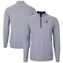 Atlanta Braves Cutter & Buck Virtue Eco Pique Micro Stripe Recycled Quarter-Zip Pullover Top - Navy/White Pullover