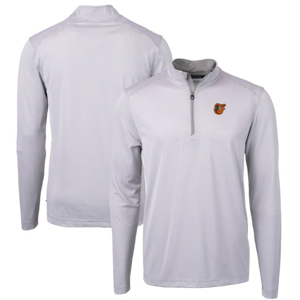 Baltimore Orioles Cutter & Buck Virtue Eco Pique Micro Stripe Recycled Quarter-Zip Pullover Top - Gray/White Pullover