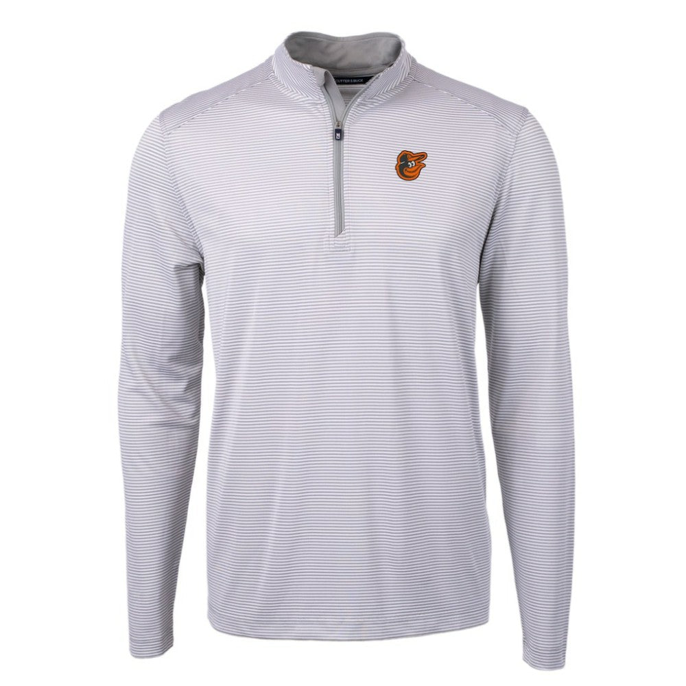 Baltimore Orioles Cutter & Buck Virtue Eco Pique Micro Stripe Recycled Quarter-Zip Pullover Top - Gray/White Pullover