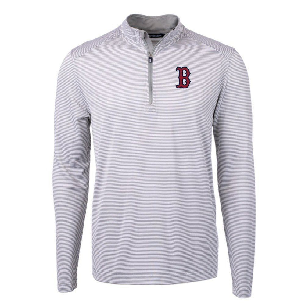 Boston Red Sox Cutter & Buck Virtue Eco Pique Micro Stripe Recycled Quarter-Zip Pullover Top - Gray/White Pullover