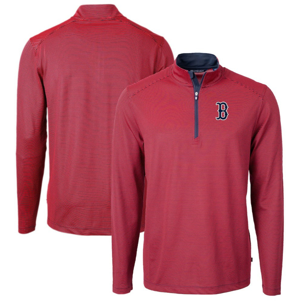 Boston Red Sox Cutter & Buck Virtue Eco Pique Micro Stripe Recycled Quarter-Zip Pullover Top - Red/Navy Pullover