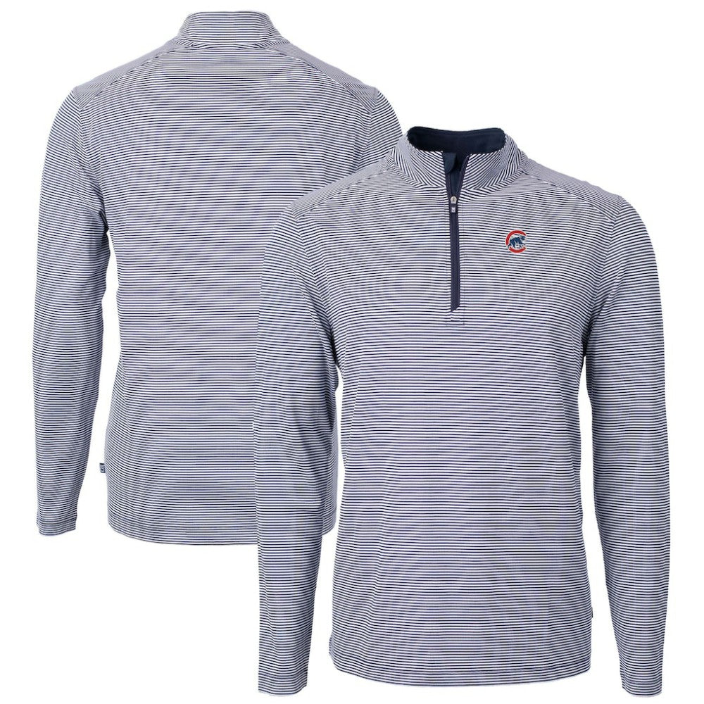 Chicago Cubs Cutter & Buck Virtue Eco Pique Micro Stripe Recycled Quarter-Zip Pullover Top - Navy/White Pullover