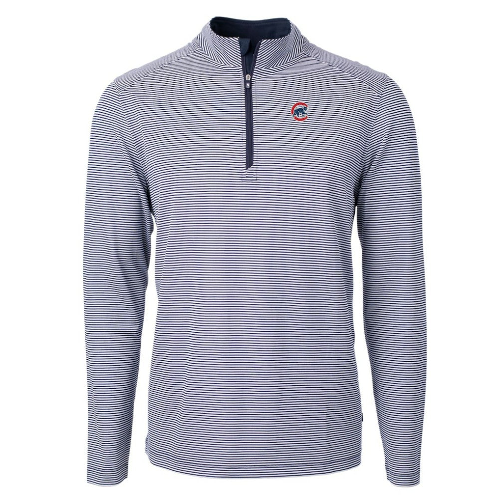 Chicago Cubs Cutter & Buck Virtue Eco Pique Micro Stripe Recycled Quarter-Zip Pullover Top - Navy/White Pullover