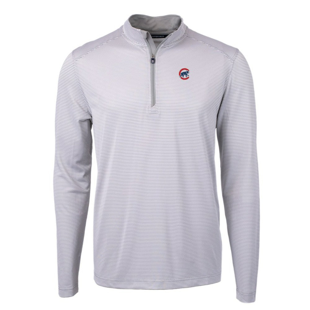Chicago Cubs Cutter & Buck Virtue Eco Pique Micro Stripe Recycled Quarter-Zip Pullover Top - Gray/White Pullover