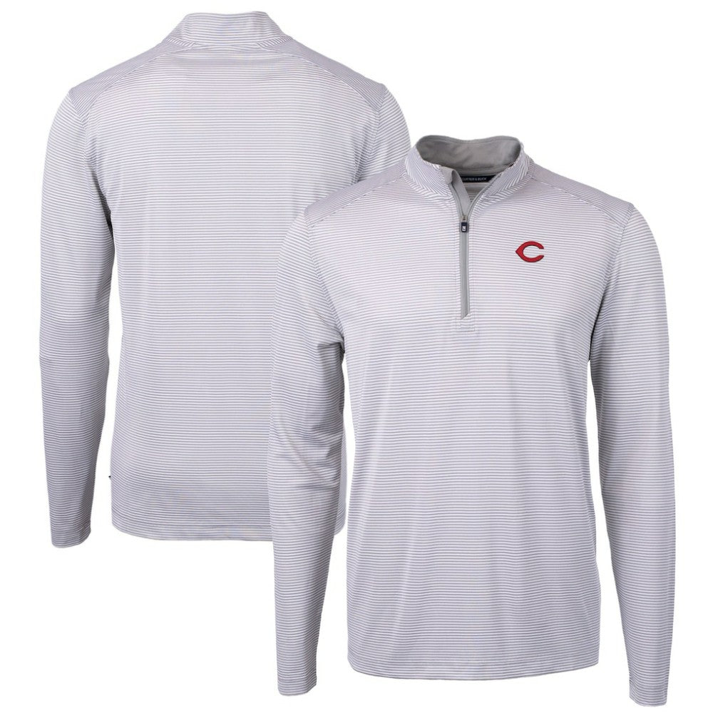 Cincinnati Reds Cutter & Buck Virtue Eco Pique Micro Stripe Recycled Quarter-Zip Pullover Top - Gray/White Pullover