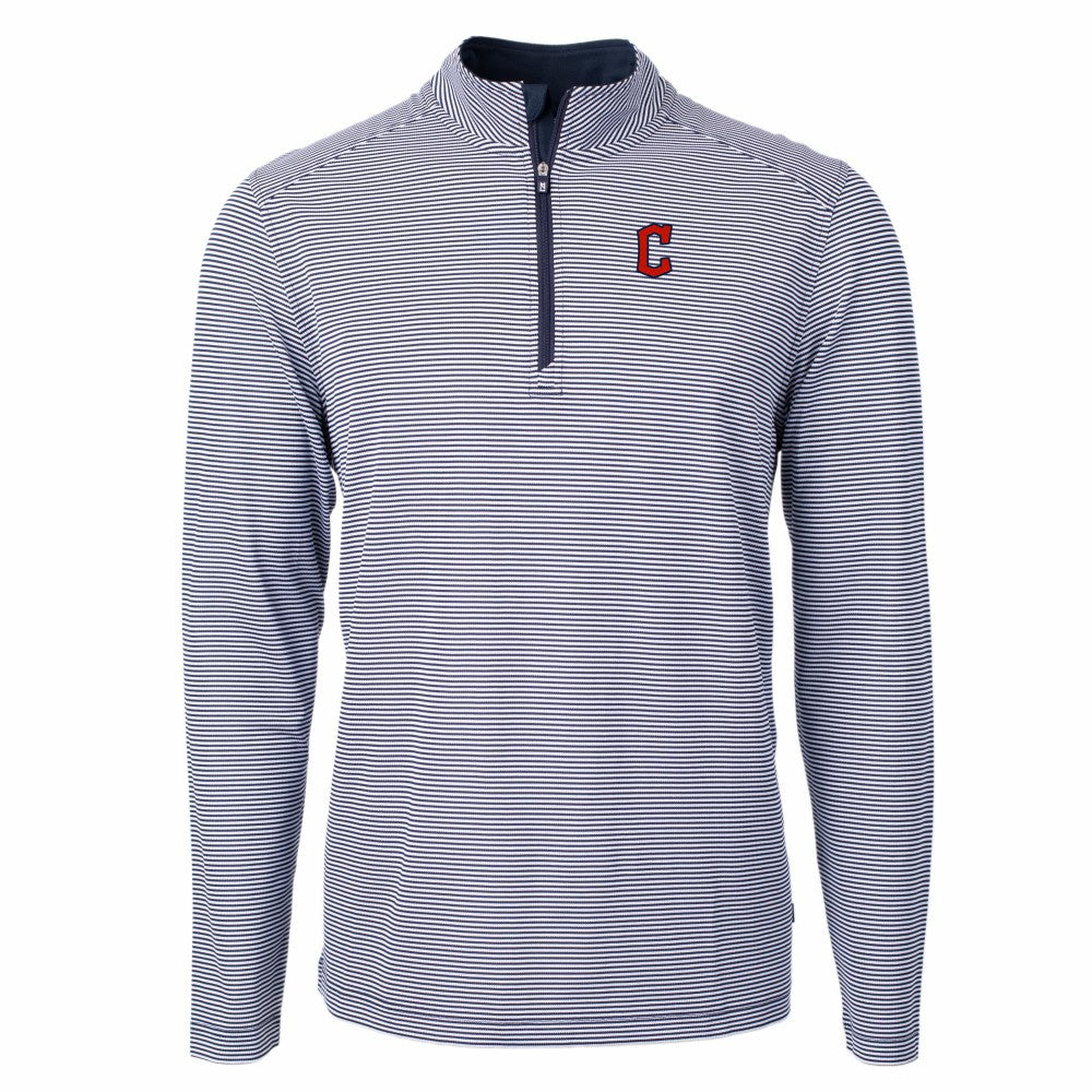 Cleveland Guardians Cutter & Buck Virtue Eco Pique Micro Stripe Recycled Quarter-Zip Pullover Top - Navy/White Pullover