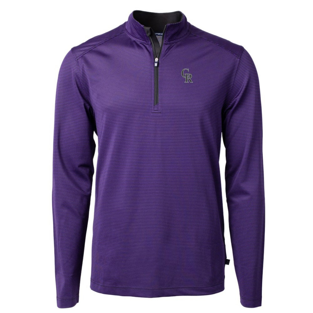 Colorado Rockies Cutter & Buck Virtue Eco Pique Micro Stripe Recycled Quarter-Zip Pullover Top - Purple/Black Pullover