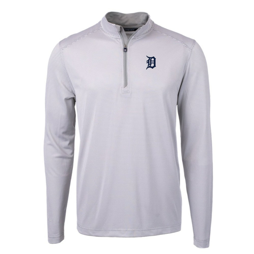 Detroit Tigers Cutter & Buck Virtue Eco Pique Micro Stripe Recycled Quarter-Zip Pullover Top - Gray/White Pullover