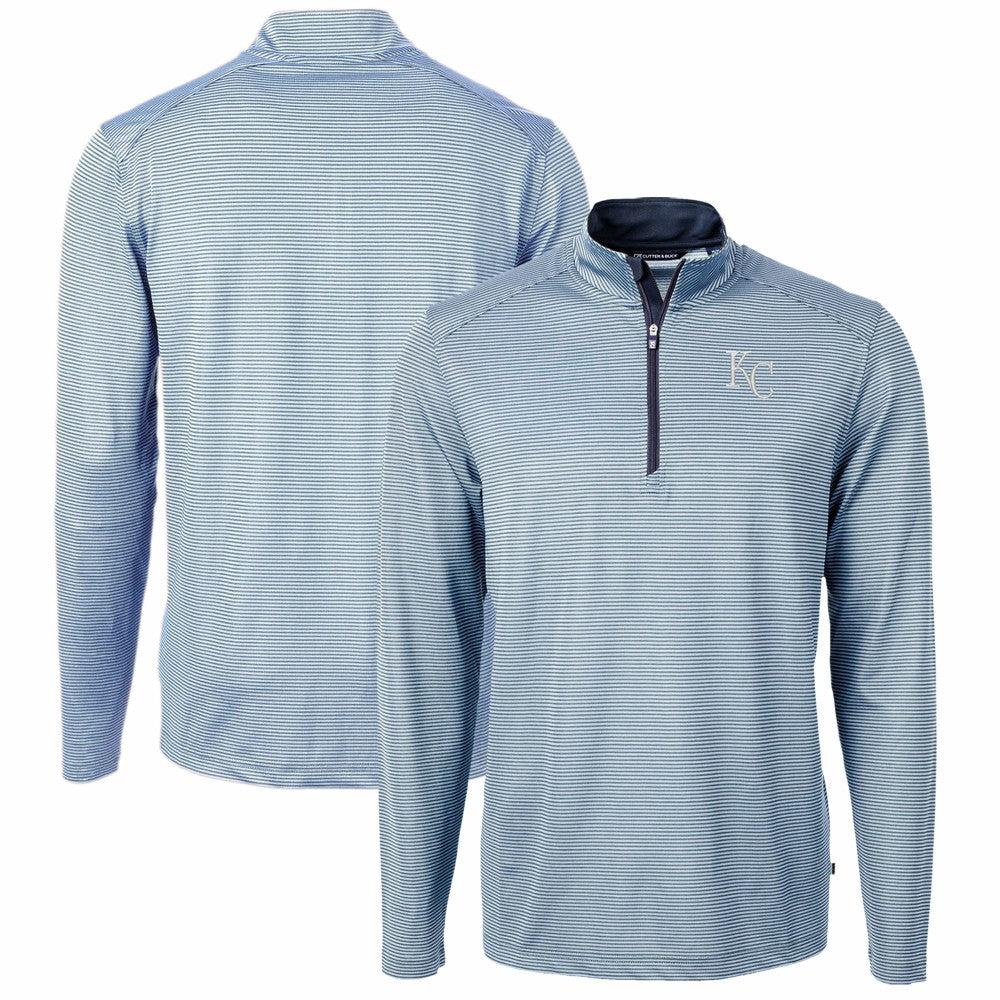 Kansas City Royals Cutter & Buck Virtue Eco Pique Micro Stripe Recycled Quarter-Zip Pullover Top - Light Blue/Navy Pullover