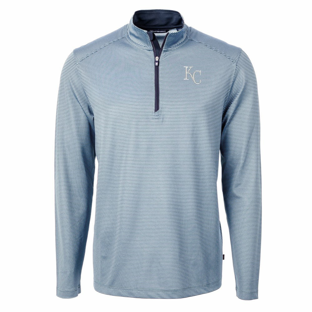 Kansas City Royals Cutter & Buck Virtue Eco Pique Micro Stripe Recycled Quarter-Zip Pullover Top - Light Blue/Navy Pullover