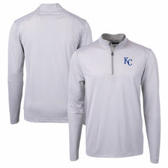 Kansas City Royals Cutter & Buck Virtue Eco Pique Micro Stripe Recycled Quarter-Zip Pullover Top - Gray/White Pullover