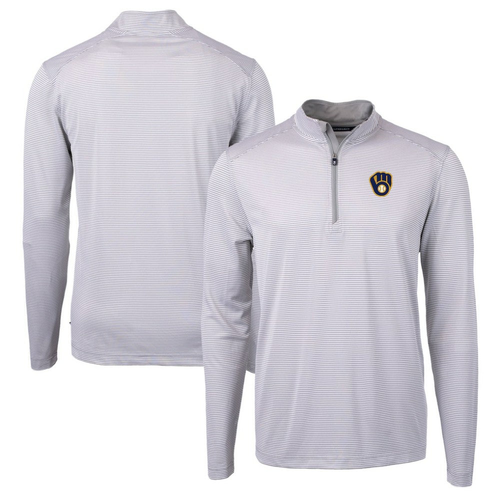 Milwaukee Brewers Cutter & Buck Virtue Eco Pique Micro Stripe Recycled Quarter-Zip Pullover Top - Gray/White Pullover