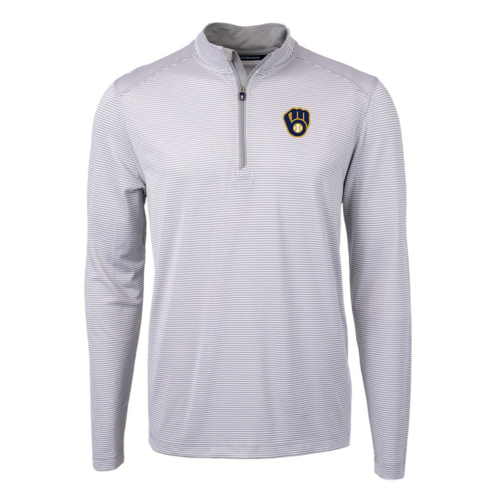 Milwaukee Brewers Cutter & Buck Virtue Eco Pique Micro Stripe Recycled Quarter-Zip Pullover Top - Gray/White Pullover
