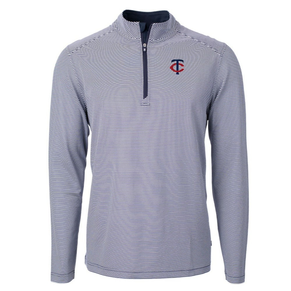 Minnesota Twins Cutter & Buck Virtue Eco Pique Micro Stripe Recycled Quarter-Zip Pullover Top - Navy/White Pullover