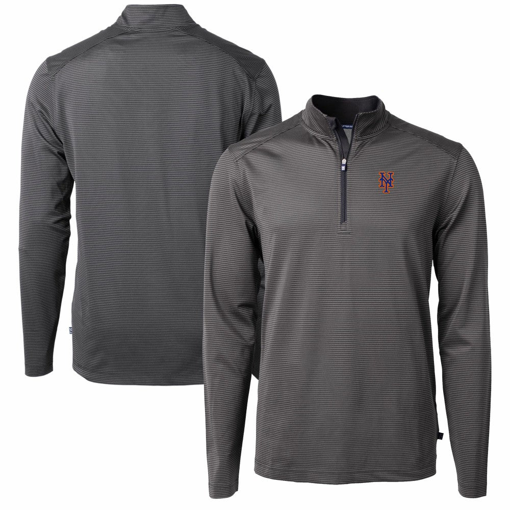 New York Mets Cutter & Buck Virtue Eco Pique Micro Stripe Recycled Quarter-Zip Pullover Top - Black/Gray Pullover