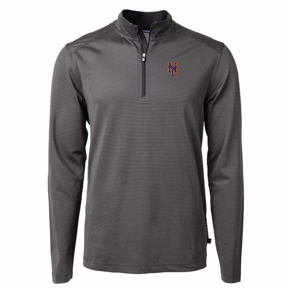 New York Mets Cutter & Buck Virtue Eco Pique Micro Stripe Recycled Quarter-Zip Pullover Top - Black/Gray Pullover