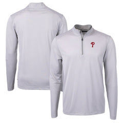 Philadelphia Phillies Cutter & Buck Virtue Eco Pique Micro Stripe Recycled Quarter-Zip Pullover Top - Gray/White Pullover