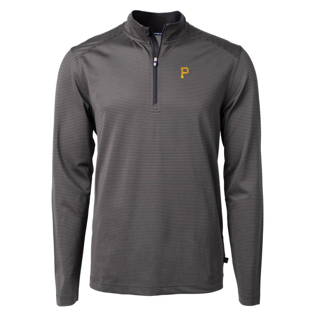 Pittsburgh Pirates Cutter & Buck Virtue Eco Pique Micro Stripe Recycled Quarter-Zip Pullover Top - Black/Gray Pullover