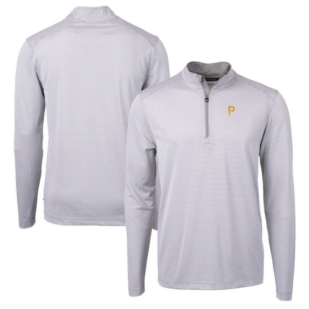 Pittsburgh Pirates Cutter & Buck Virtue Eco Pique Micro Stripe Recycled Quarter-Zip Pullover Top - Gray/White Pullover