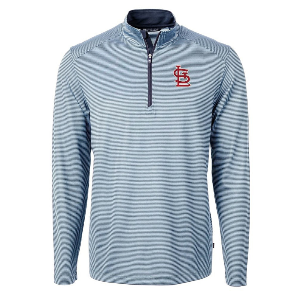 St. Louis Cardinals Cutter & Buck Virtue Eco Pique Micro Stripe Recycled Quarter-Zip Pullover Top - Light Blue/Navy Pullover