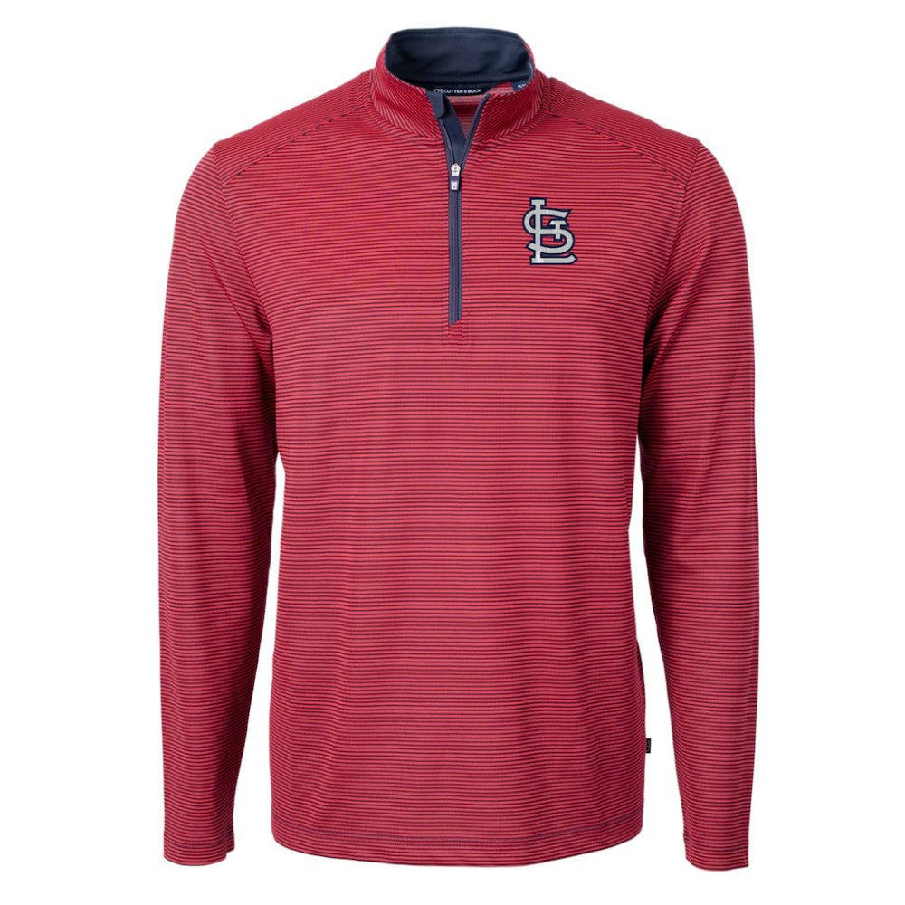 St. Louis Cardinals Cutter & Buck Virtue Eco Pique Micro Stripe Recycled Quarter-Zip Pullover Top - Red/Navy Pullover