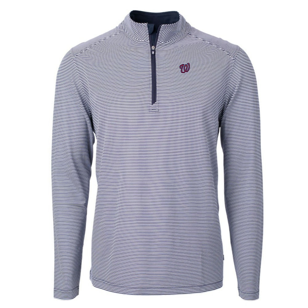Washington Nationals Cutter & Buck Virtue Eco Pique Micro Stripe Recycled Quarter-Zip Pullover Top - Navy/White Pullover