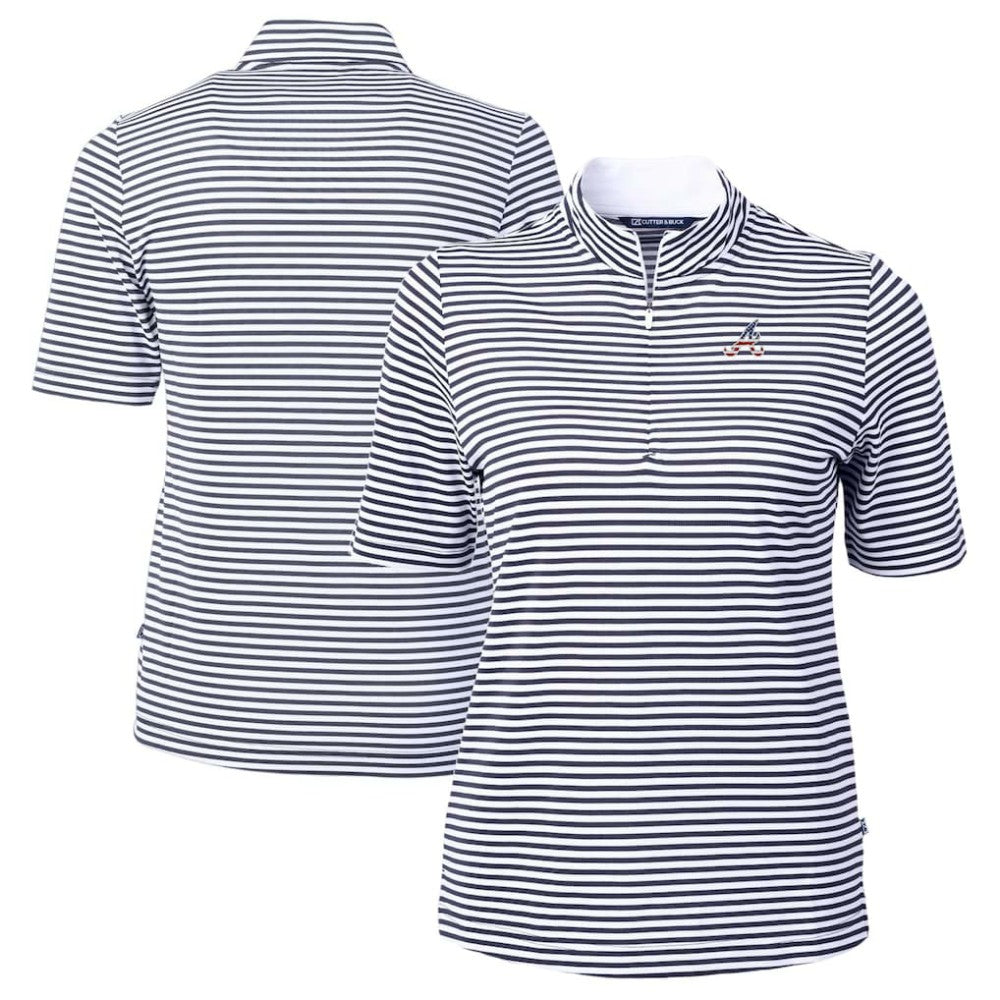 Atlanta Braves Cutter & Buck Women's Virtue Eco Pique Stripe Recycled Quarter-Zip Pullover Top - Navy Pullover